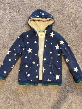 Mini Boden Star Print Navy Hooded Zip-Up Sherpa Jacket